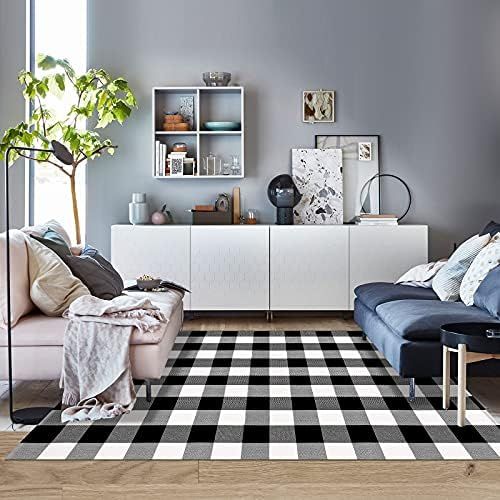 Cotton Buffalo Plaid Rug Hand-Woven Washable Retro Lattice Checkered Outdoor Rug Black and White ... | Amazon (US)