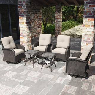 6-Piece Wicker Swivel Outdoor Rocking Chairs Patio Conversation Set with Beige Cushions | The Home Depot