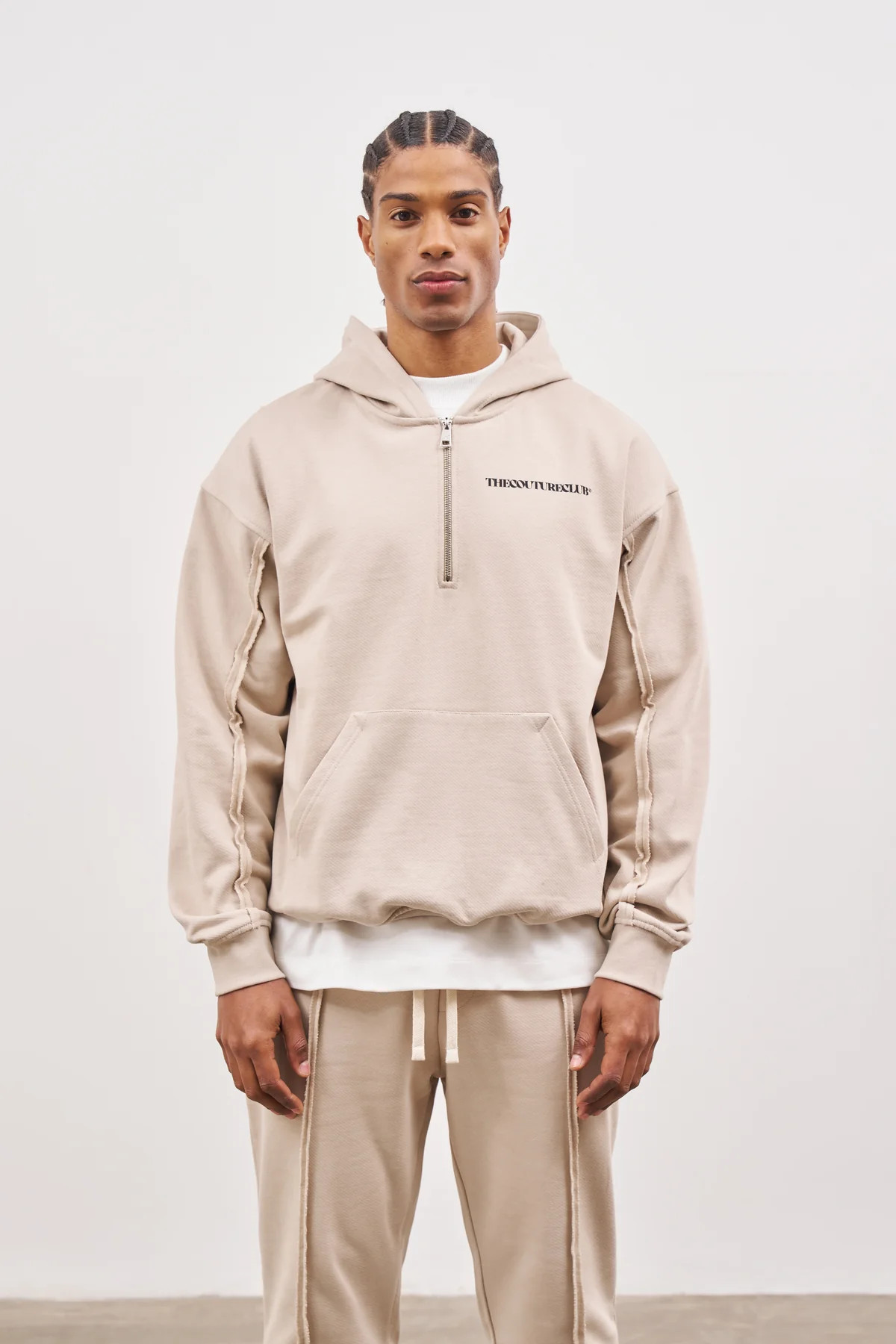 Beige Raw Seam Quarter Zip Hoodie | The Couture Club | The Couture Club