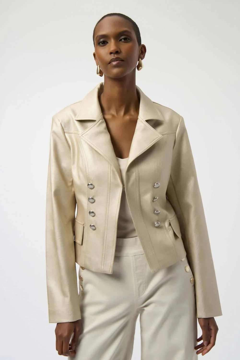 Leatherette Notched Collar Fitted Jacket In Gold | Shop Simon