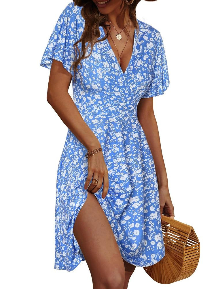 FENSACE Womens Sundress Summer Floral Short Sleeve Wrap V Neck A-Line Midi Dress | Amazon (US)