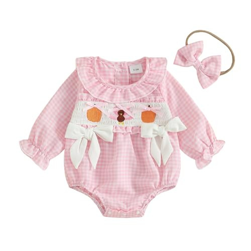 ZIXILOVGIR Baby Girl Thanksgiving Outfit Turkey Bubble Romper Long Sleeve Plaid Ruffle Onesie Halloween Baby Clothes (Pink Turkey Print, 12-18 Months) | Amazon (US)