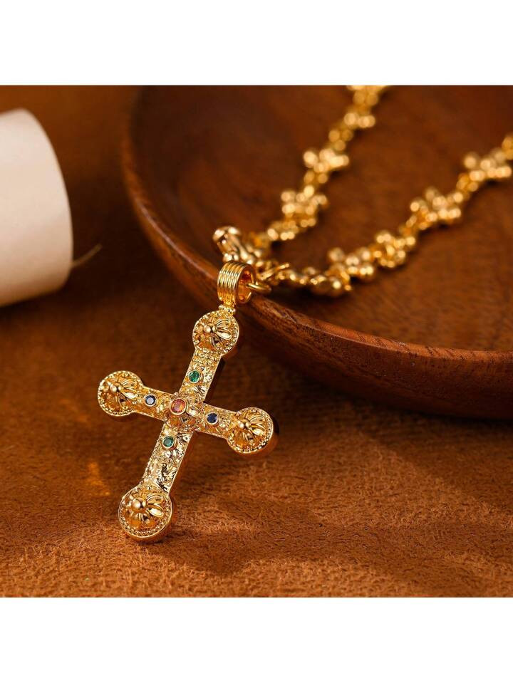 1pc European And American Style Fashion Luxurious High-End Cross Pendant Long Necklace, Festival ... | SHEIN