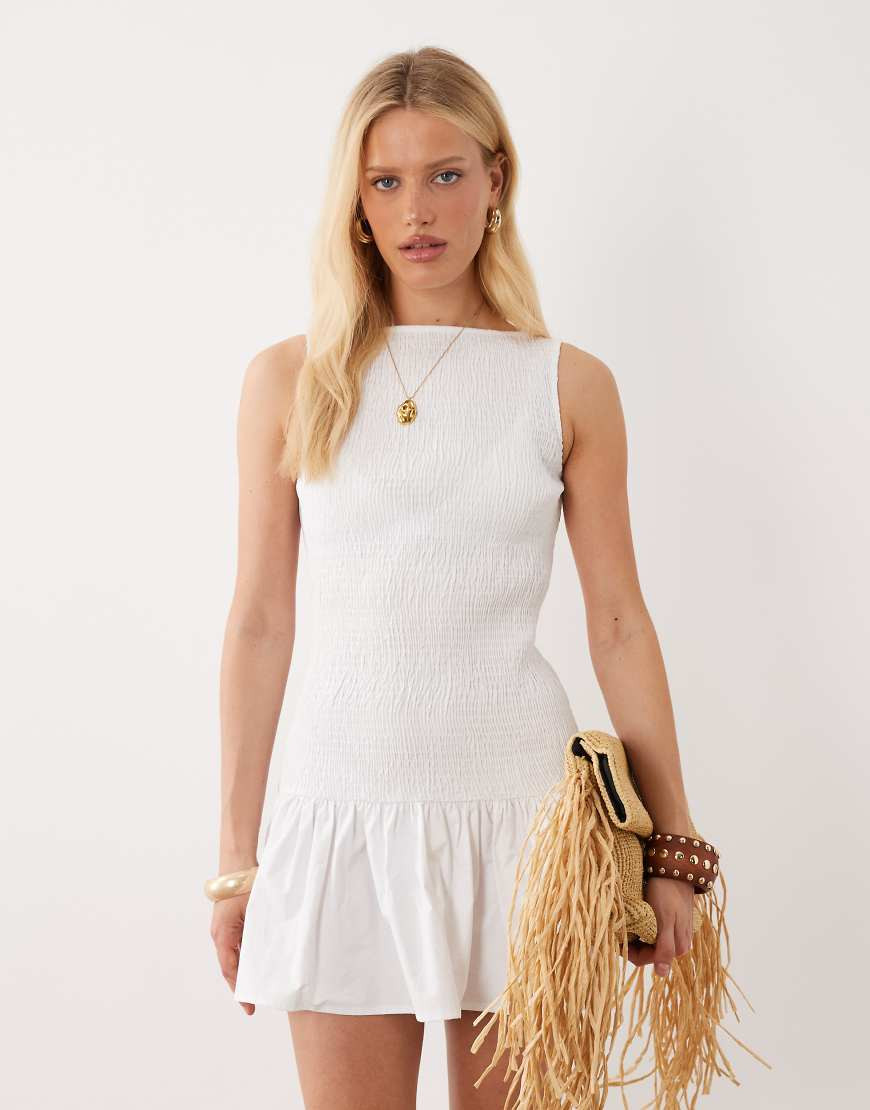 ASOS DESIGN shirred drop waist mini dress in white | ASOS (Global)