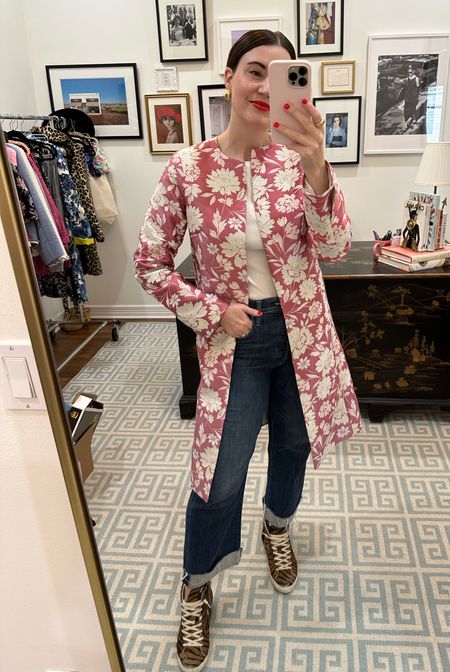 Love this floral jacket over jeans ❤️ pink jacket runs true- I’m wearing the 6. White t-shirt runs true- I’m wearing the medium. Jeans run true. Animal print sneakers run true to size. Red lipstick color is poppy  