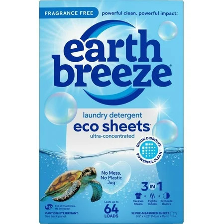 Earth Breeze Laundry Detergent Sheets, Fragrance-Free Eco Sheets, 32 Count, 64 Loads | Walmart (US)