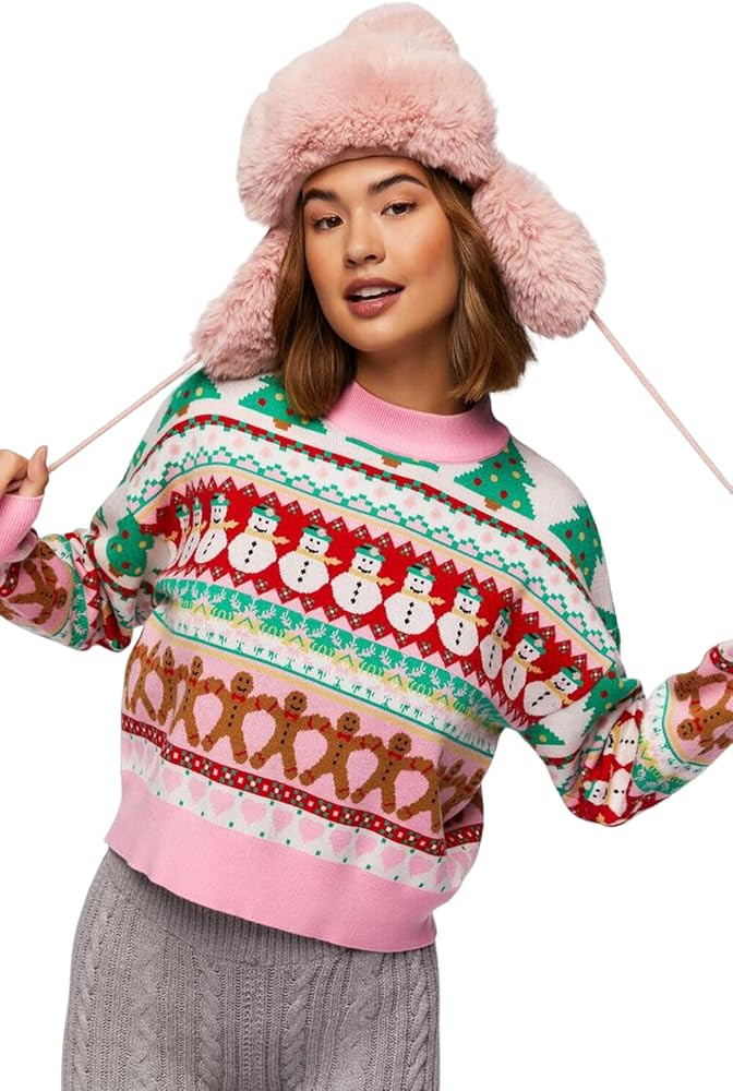 ZAFUL Women's Christmas Snowflake Reindeer Knitted Sweater Long Sleeve Crew Neck Heart Animal Pri... | Amazon (US)