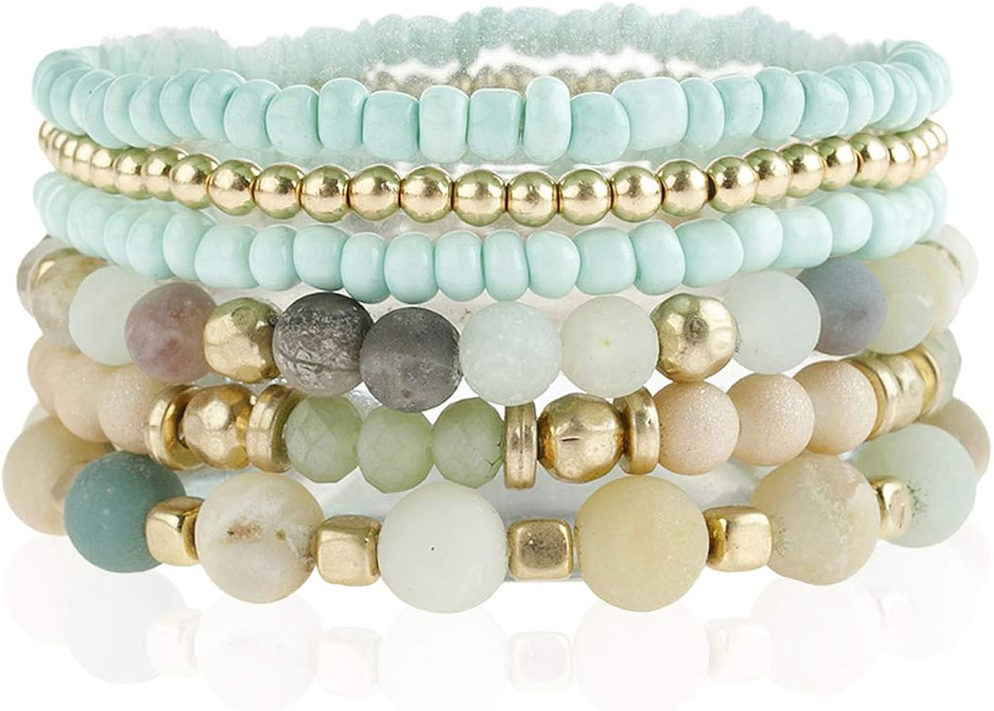 Bohemian Natural Stone Beaded Multi Layer Stacking Statement Bracelets - Sparkly Crystal, Wood, T... | Amazon (US)