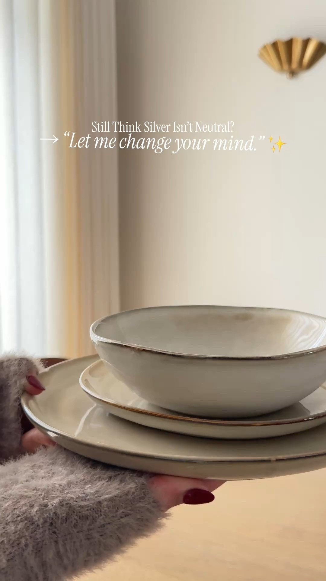 I used to think silver felt too bold…
but styled this way, it feels completely neutral to me-Sharing this in case it inspires your space too. 🤍

Neutral dinnerware plates 
Silverware 
Dining table
Dining chairs
Curtains 
Rug
Sconce 


#LTKHome