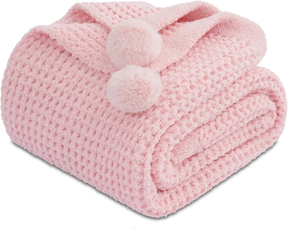 Cyusri Waffle Throw Blanket with Pom Poms- Ultra-Soft Warm Fuzzy Knit Blanket Lightweight Waffle ... | Amazon (US)