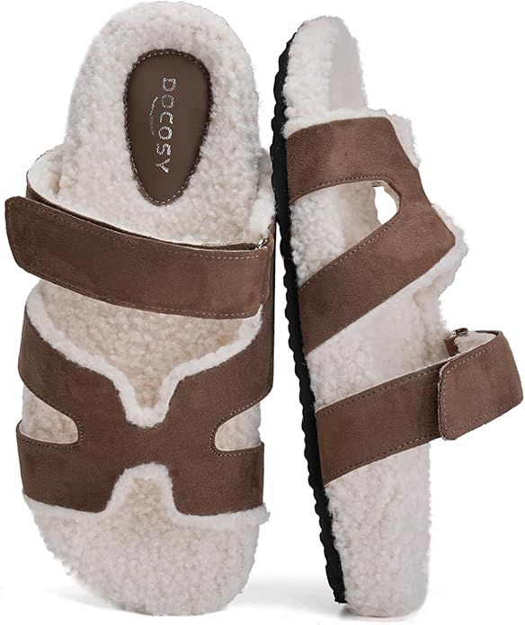 Womens Fuzzy H-Band Slippers Faux Shearling Open Toe Slide Sandal Adjustable House Shoes Wide Wid... | Amazon (US)