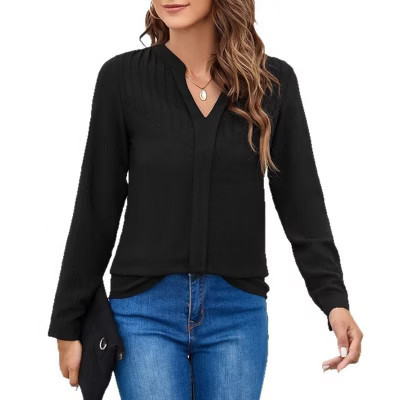 Coolmee Women's Dressy Casual Blouses Business Work Tops Long Sleeve V Neck Pleated Shirts Fall Outfits Black S | Target