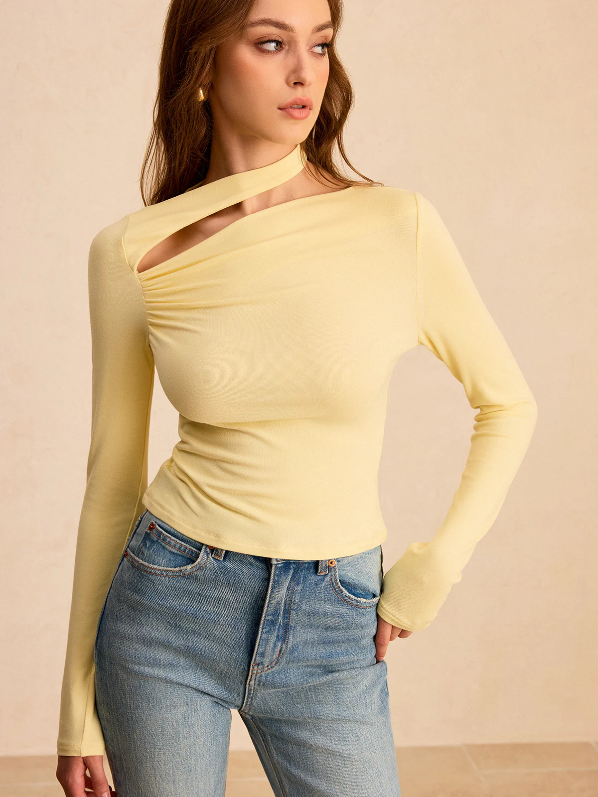 Asymmetric Cut-Out Ruched Long Sleeve Blouse | Commense