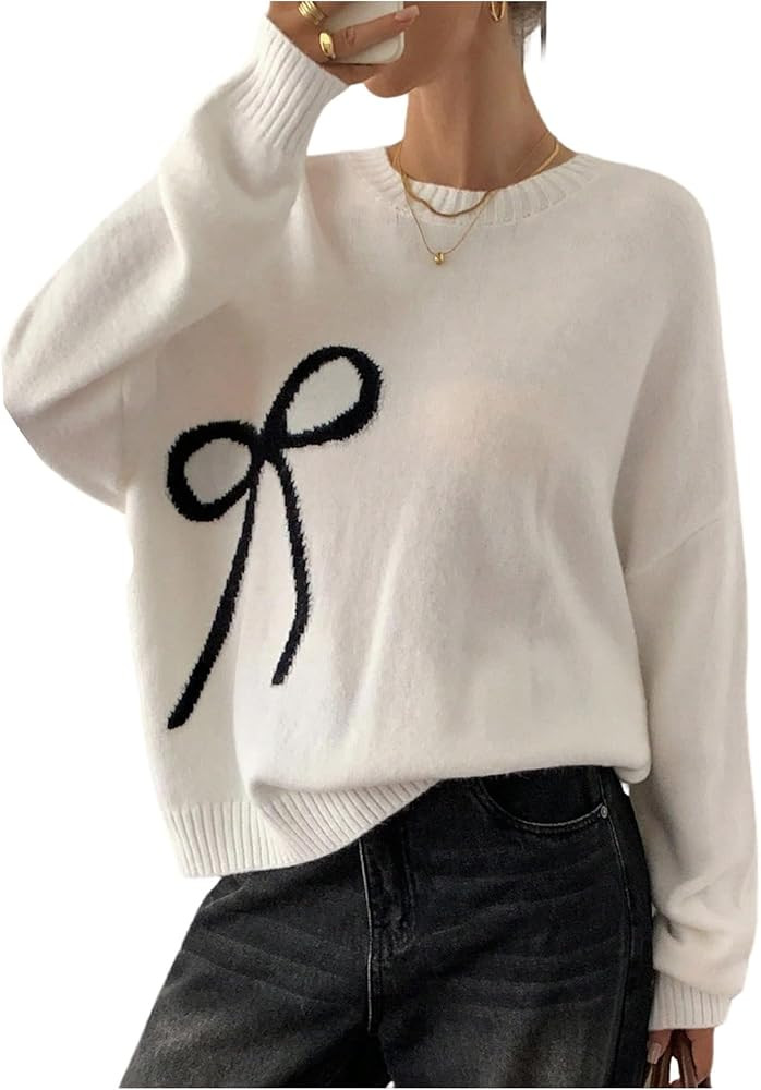 Verdusa Women's Bow Oversized Sweaters Coquette Fall Pullovers Trendy Knit Tops | Amazon (US)