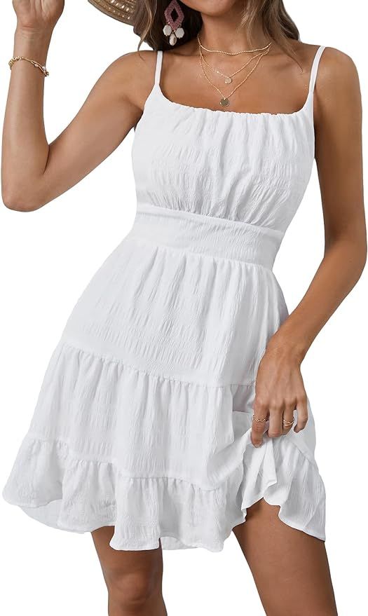MakeMeChic Women's Spaghetti Strap Sleeveless Tiered Ruffle A Line Cami Summer Short Dress | Amazon (US)