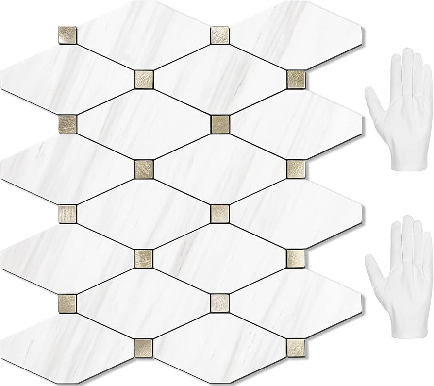 STICKGOO 10 Sheets Peel and Stick Backsplash, White Marble Look PVC Mixed Metal Gold Kitchen Back... | Amazon (US)