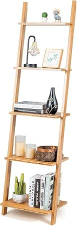 Tangkula Bamboo 5-Tier Ladder Shelf Bookshelf, Wall-Leaning Bookshelf, Plant Flower Stand, Storag... | Amazon (US)