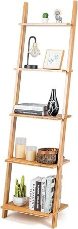 Tangkula Bamboo 5-Tier Ladder Shelf Bookshelf, Wall-Leaning Bookshelf, Plant Flower Stand, Storag... | Amazon (US)