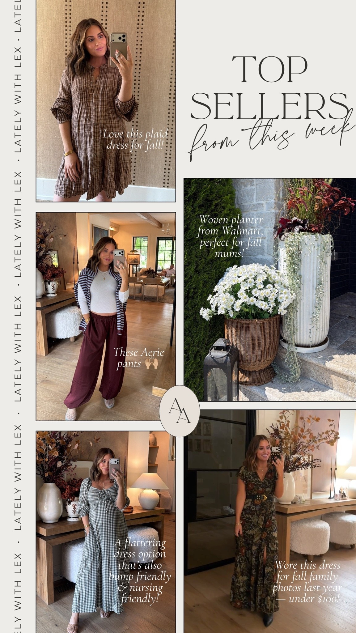 Top sellers from this week! ✨ 

1. Woven Planter Baskets from Walmart! I got the 16inch, but they also come in a 12inch size. Perfect for fall mums or plants this season! 
2. Fall maxi dress from 12th Tribe- wearing an xs + paired it with a black belt (also linked) and black boots! Love this dress because there’s so many colors to pull from to easily dress the rest of the family. 
3. Plaid mini dress- wearing an xs! Bump friendly & nursing friendly (has buttons!)- will be a great transitional dress as we head into fall. 
4. This Aerie outfit!! Wearing xs in the satin balloon pants (love this color!), small in ribbed tee, and small in cardigan (sold out, so linked the pullover version!)
5. Green gingham dress from Worth Collective- wearing xs! This brand has lots of flattering dresses that are bump friendly, great for postpartum, and nursing friendly!

#LTKBump #LTKSeasonal #LTKootd