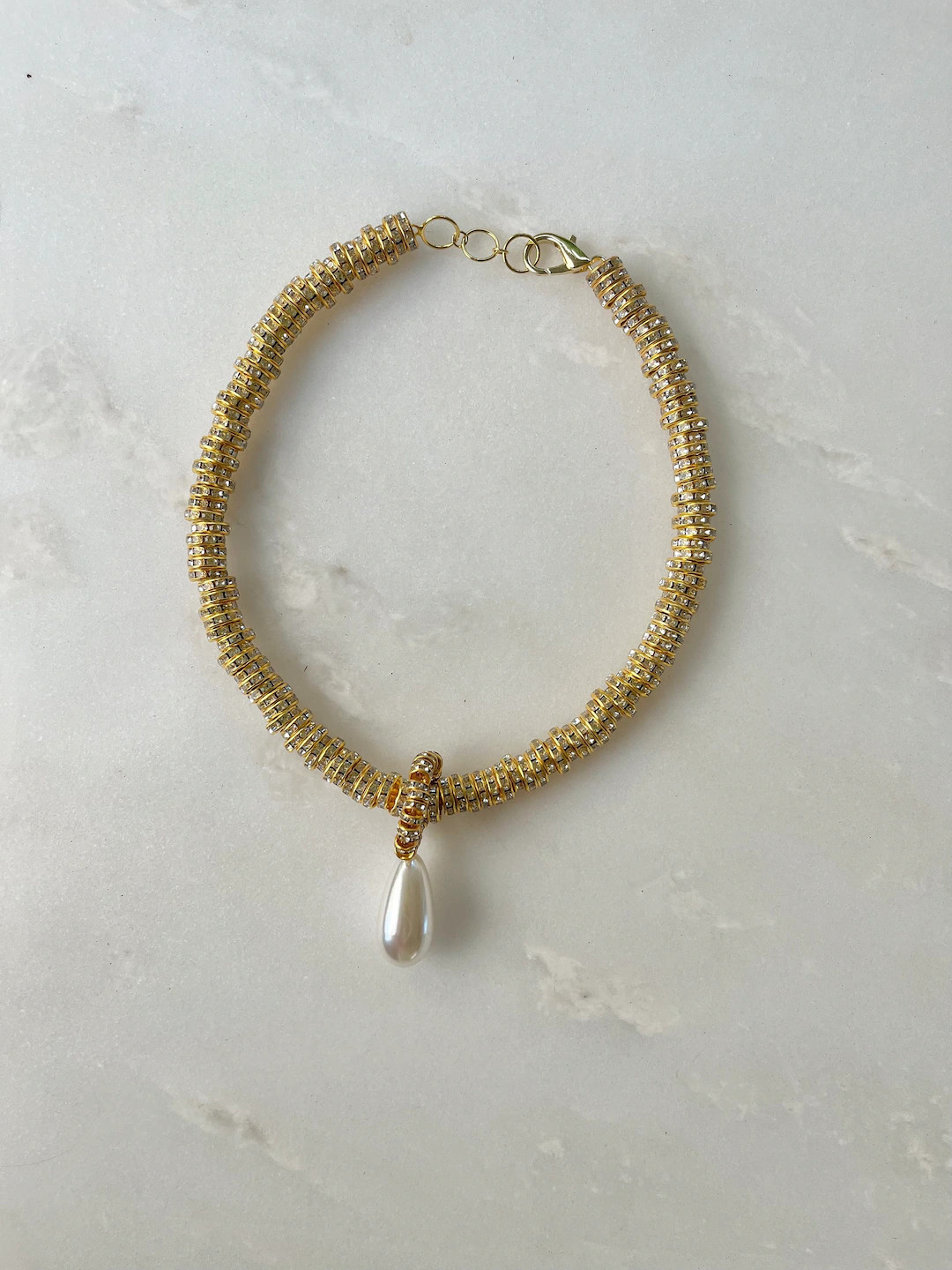 Gold Faux Pearl & Crystal Bead Necklace | Etsy (US)