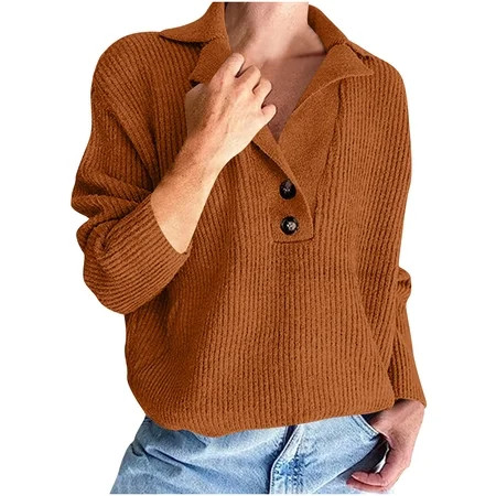 ZACPNCV Women s Casual Long Sleeve Sweaters New Lapel Pullover Knitted Sweater Loose Casual Solid Color Top V-neck Sweaterp Brown | Walmart (US)