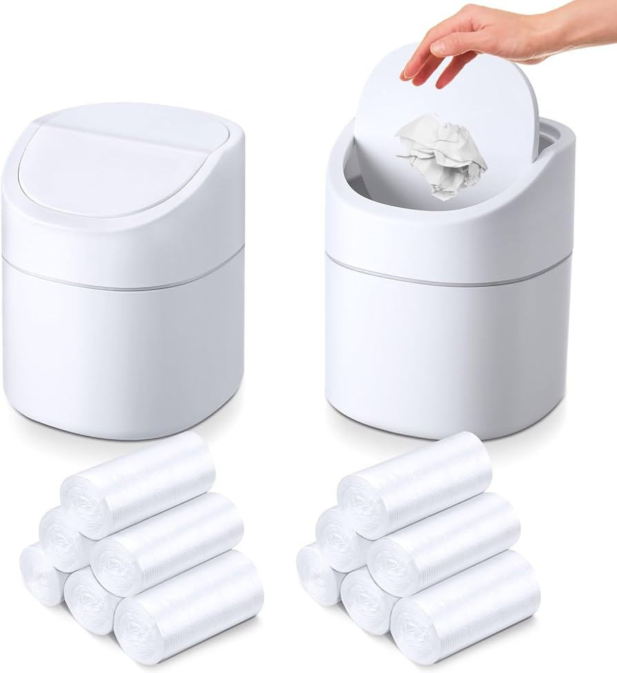 FoldTier 2 Pcs Mini Desk Trash Garbage Can with Lid and 360 Pcs Trash Bags 0.5 Gallon Tiny Counte... | Amazon (US)