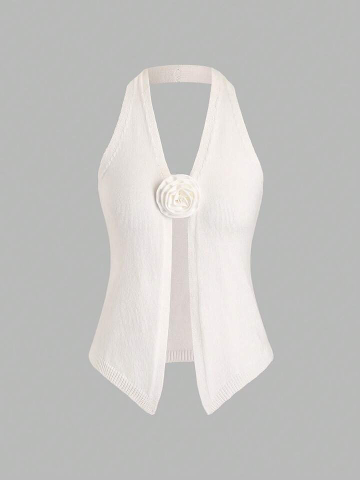 SHEIN MOD Ladies' Halter Knitted Sweater With 3d Flower Decoration | SHEIN