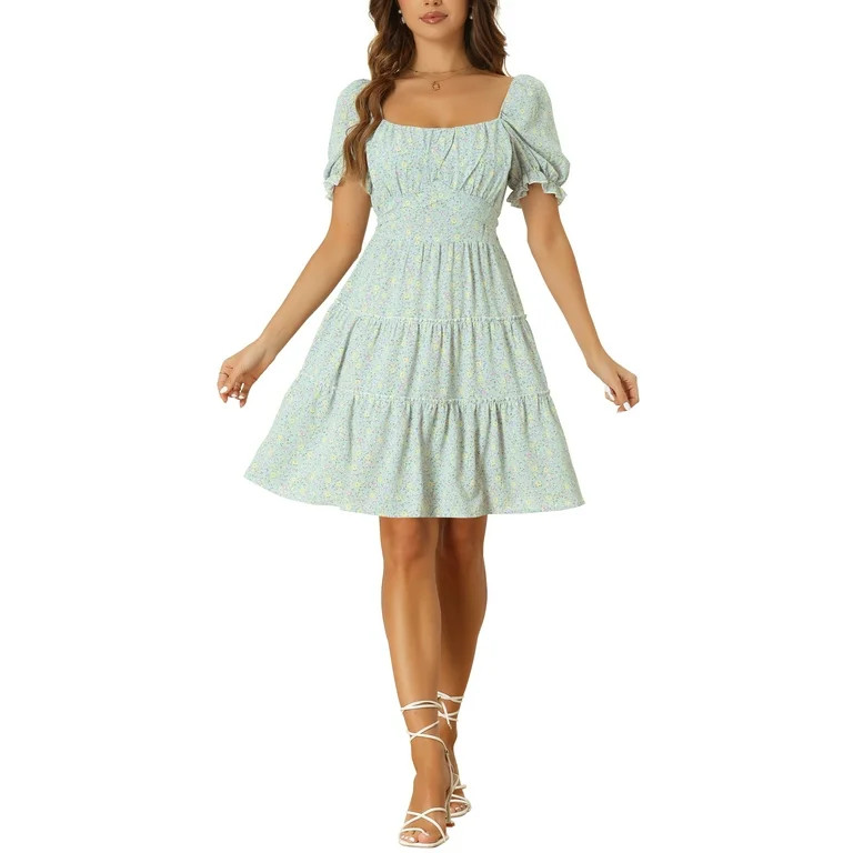 Allegra K Tiered Floral Dresses for Women's Summer Square Neck Puff Sleeve Tie Back Flowy Mini Dr... | Walmart (US)