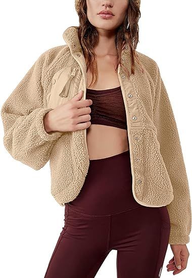 QIBABU Womens Fuzzy Fleece Jacket Long Sleeve Winter Short Coats Warm Button Down Sherpa Fleece J... | Amazon (US)