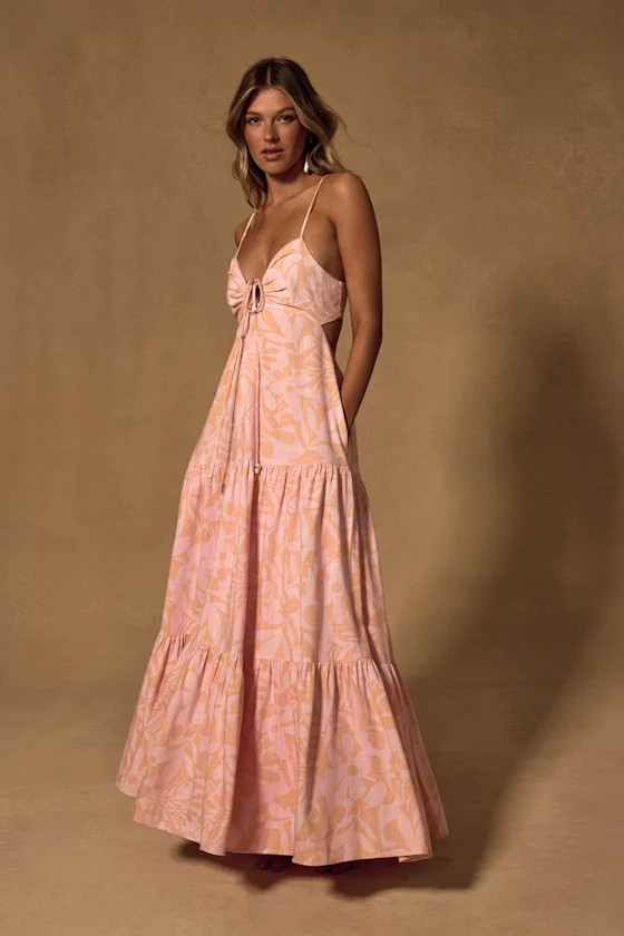 Mykonos Memories Peach and Pink Abstract Maxi Dress With Pockets | Lulus