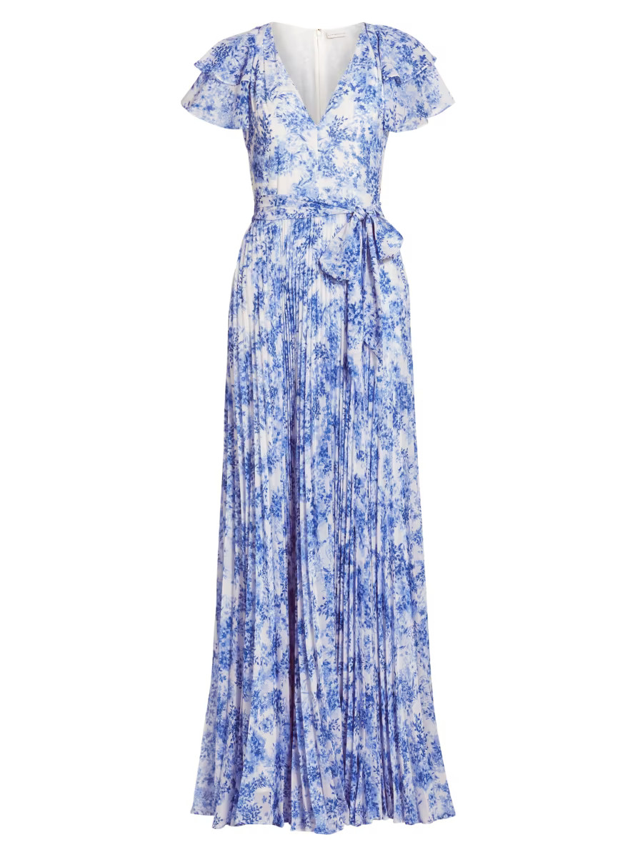 ML Monique Lhuillier Flutter Sleeve Pleated Maxi Dress | Saks Fifth Avenue