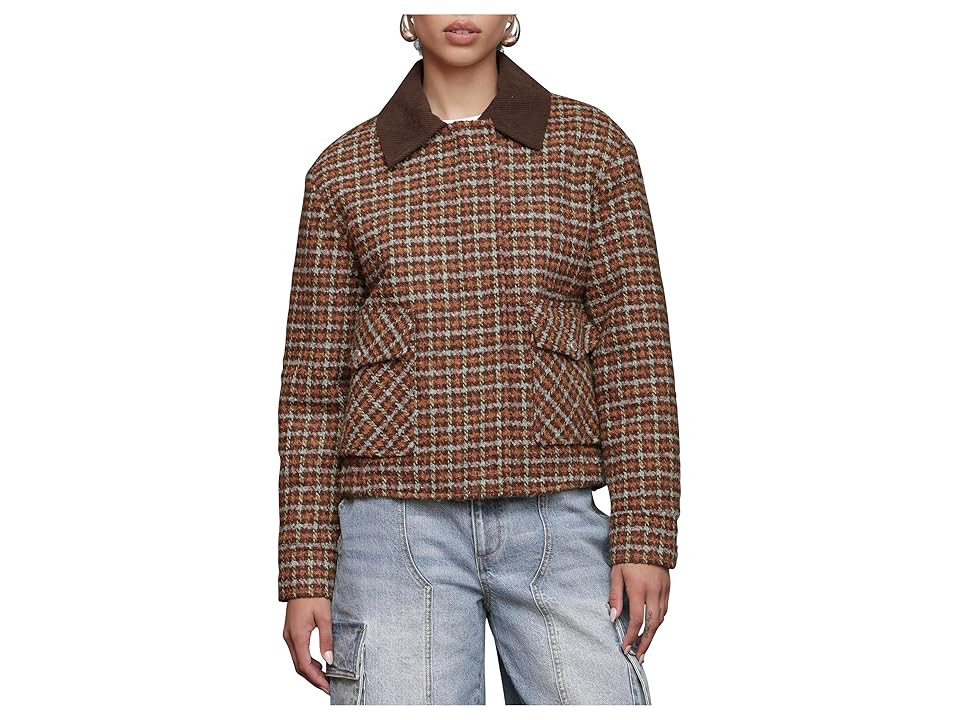 Avec Les Filles Oversized Tweed Bomber Jacket Women's Coat Brown/Blue Plaid : MD, Polyester/Wool | Zappos