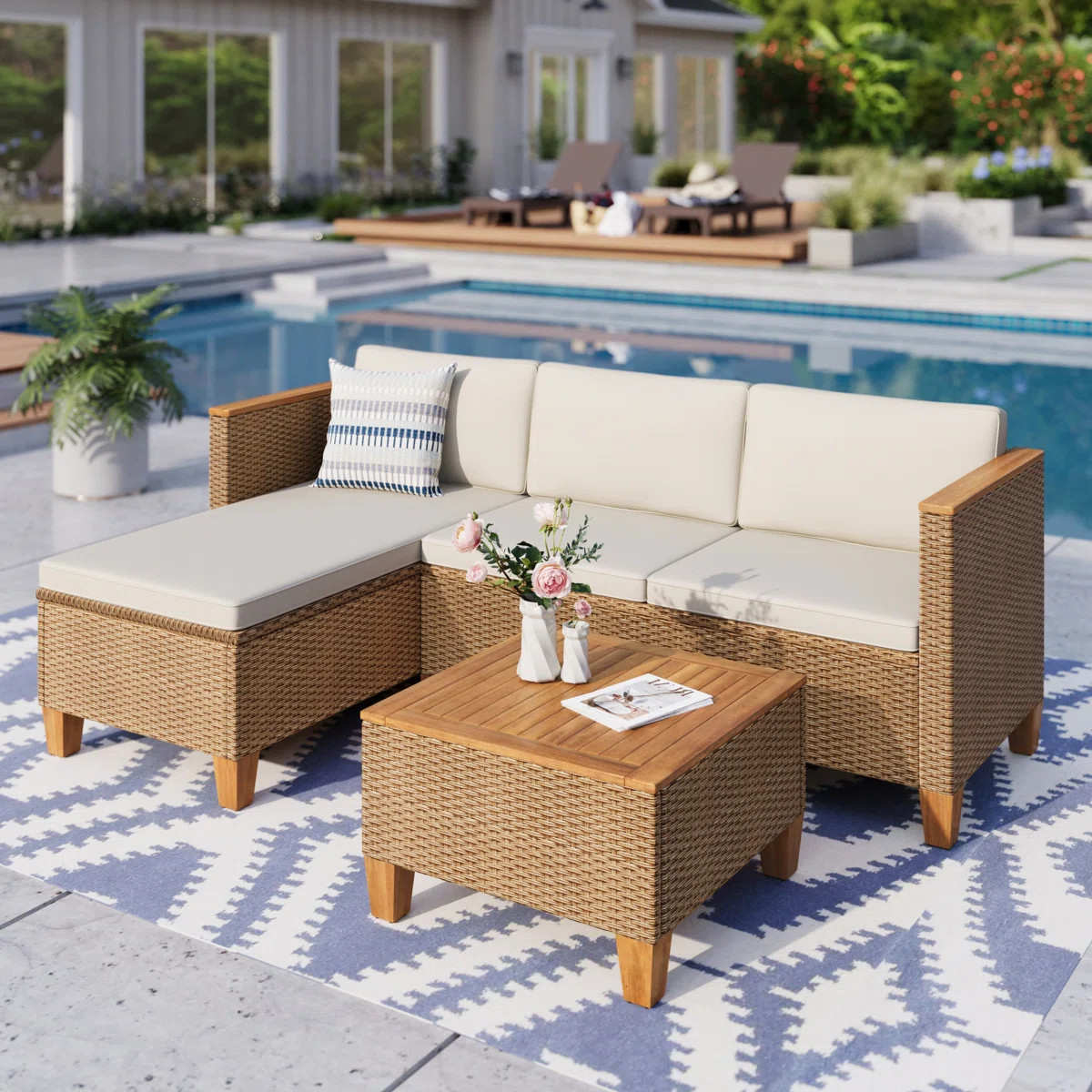 Outdoor Wicker Patio Conversation Furniture Set With Acacia Wood Coffee Table | Wayfair North America