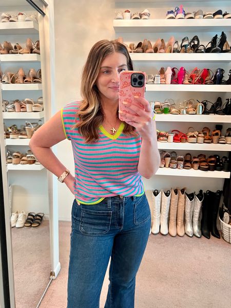 Casual outfit, Amazon outfit, spring outfit, striped sleeveless sweater, flare leg jeans, platform sandals 

#LTKFindsUnder50 #LTKStyleTip #LTKShoeCrush