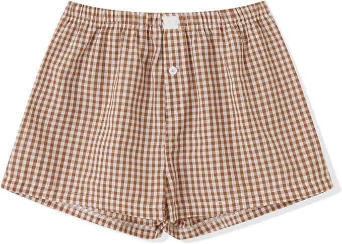 Womens Boxer Shorts Gingham Y2k Pajama Cute Plaid Striped Print Lounge Sleep Shorts | Amazon (US)