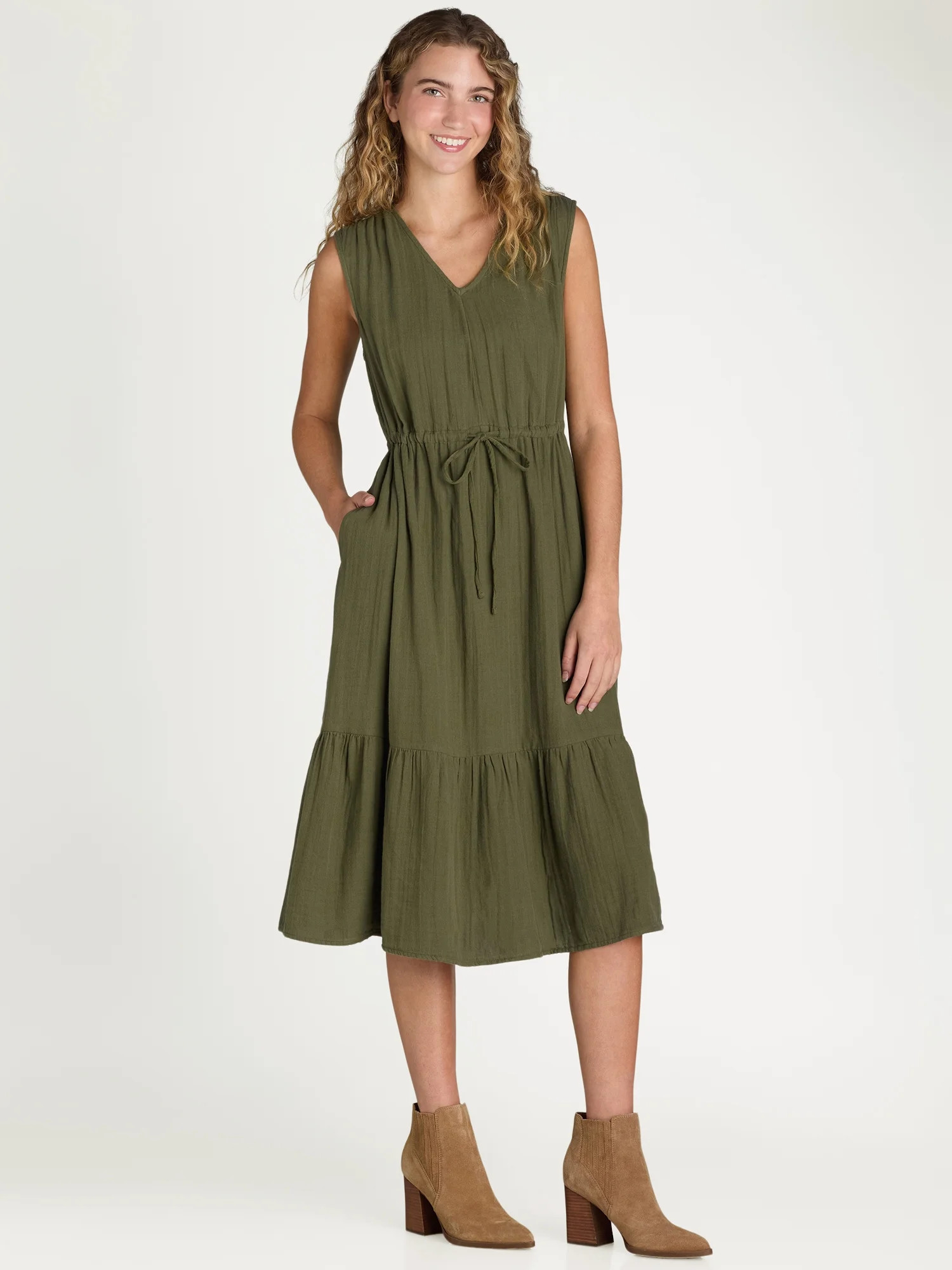 Time and Tru Women's Sleeveless Cotton Double Cloth Dress, Sizes XS-XXXL | Walmart (US)