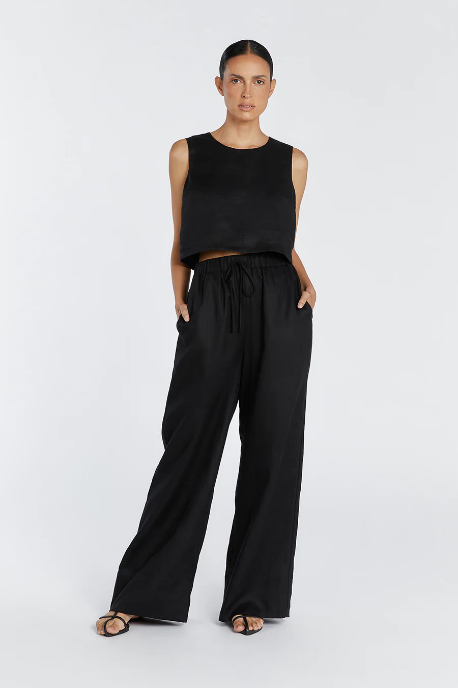 GINA BLACK LINEN ELASTIC WAIST PANT | DISSH