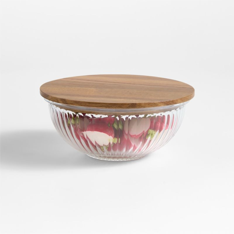 Small Plisse Fluted Glass Bowl with Acacia Lid by Laura Kim + Reviews | Crate & Barrel | Crate & Barrel