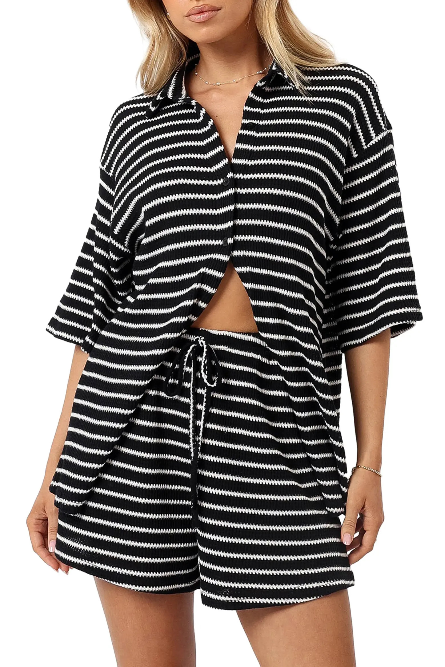 Linnea Stripe Cotton Knit Button-Up Shirt & Shorts Set (Women) | Nordstrom | Nordstrom
