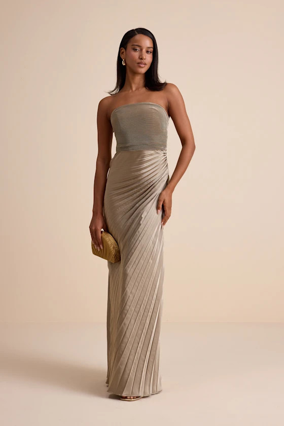 Nyrah Taupe Satin Pleated Strapless Maxi Dress | Lulus