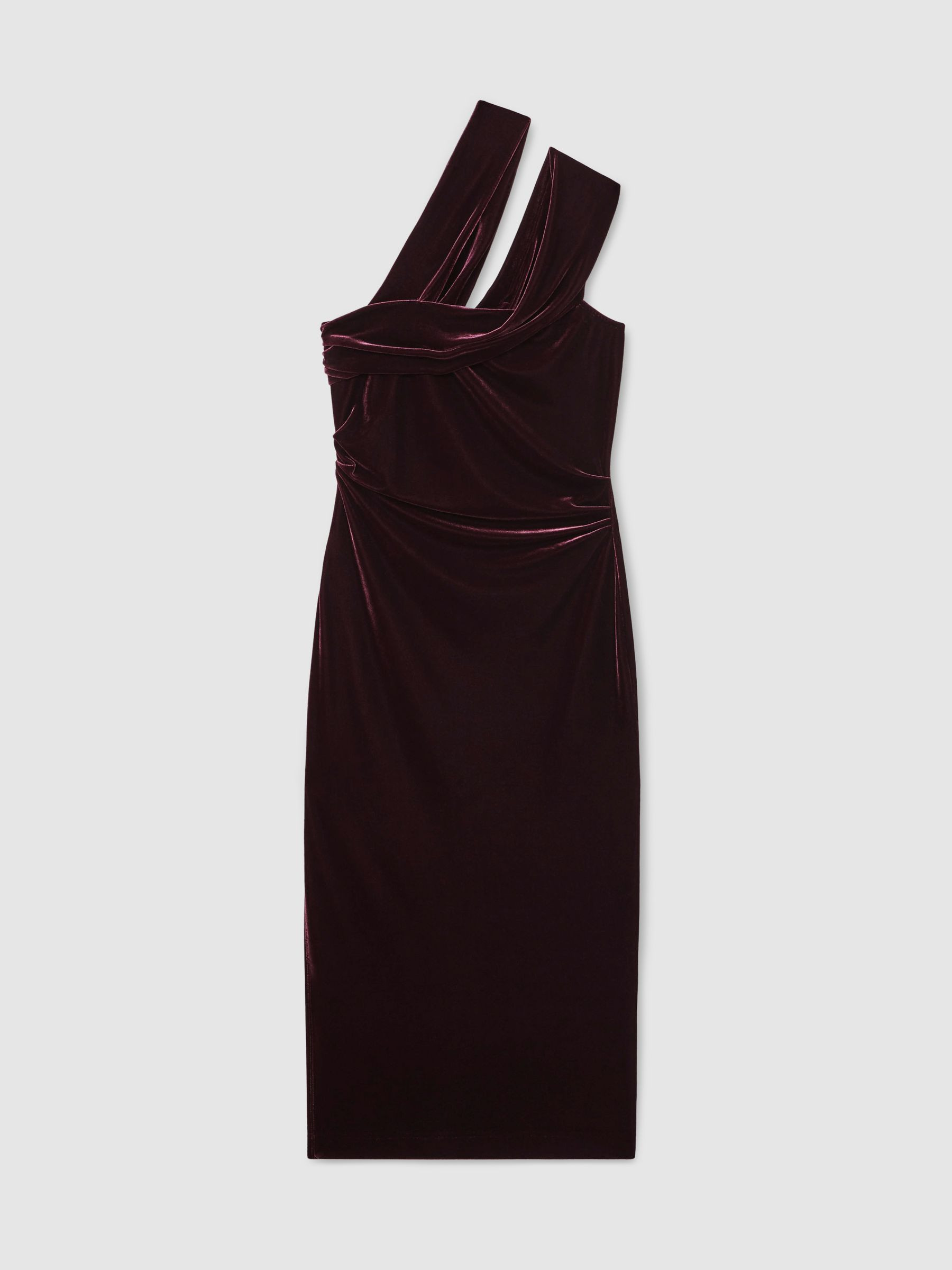 Reiss Velvet One-Shoulder Midi Dress in Burgundy - REISS | Reiss UK