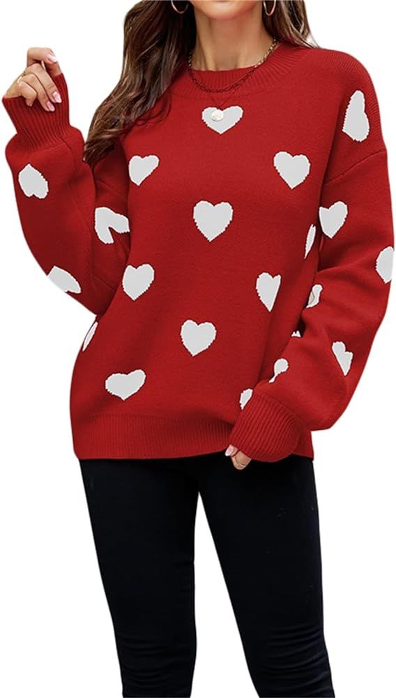 Women's Love Heart Pullover Sweaters Long Sleeve Crewneck Valentine's Day Cute Heart Knitted Jump... | Amazon (US)