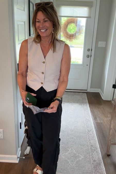 My moms cute outfit 
Vest 
Cargo pants 
Cute sandals
Fashion over 50 
Business casual outfit 

#LTKStyleTip #LTKFindsUnder100 #LTKShoeCrush