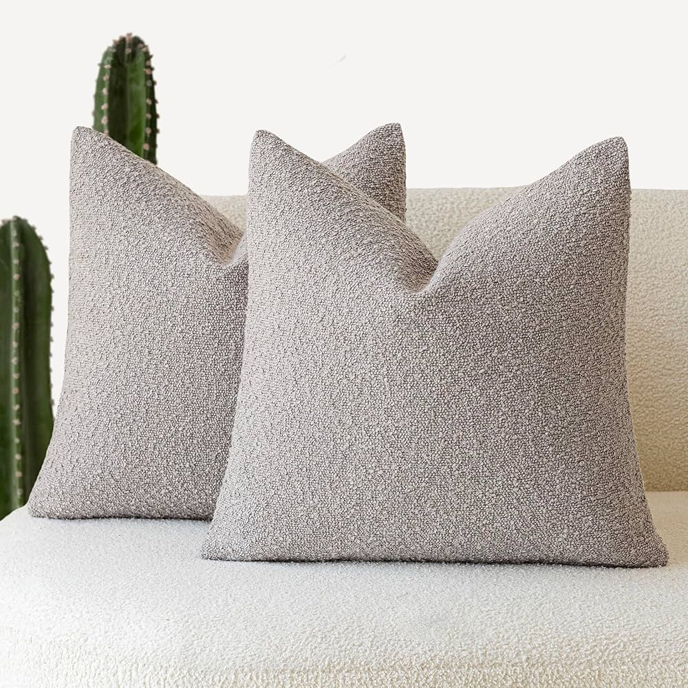 Foindtower Pack of 2 Textured Boucle Throw Pillow Covers Accent Solid Decorative Pillow Cases Cozy Woven Couch Cushion Case for Sofa Bedroom Living Room Home Decor, 20 x 20 Inch,Neutral Grey | Amazon (US)