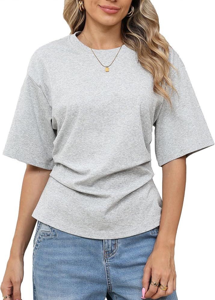 Women Pleated Waist Tee - Cinched Waist Slimming T Shirt Flattering Business Casual Tops, Tummy H... | Amazon (US)
