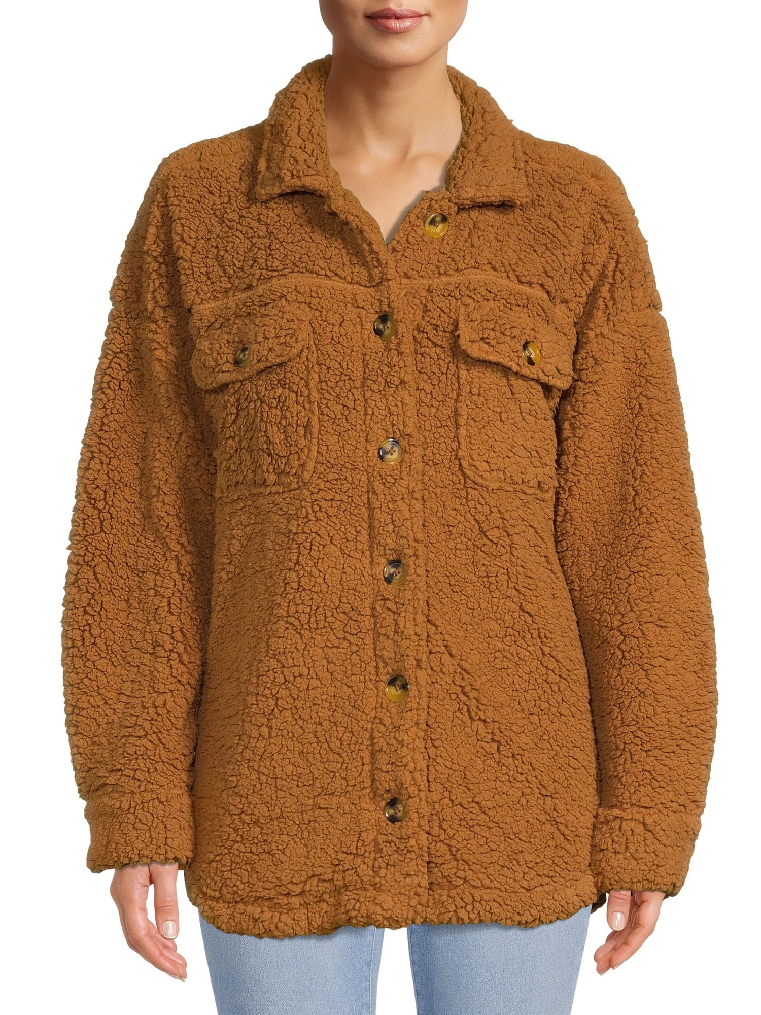 No Boundaries Juniors’ Faux Sherpa Shacket - Walmart.com | Walmart (US)