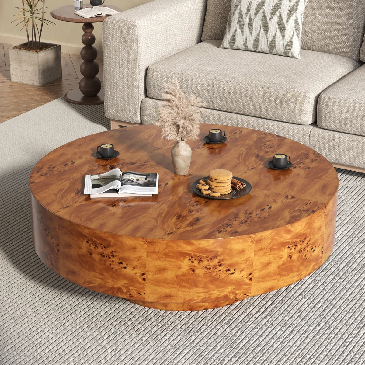Handcrafted Burl Wood Round Coffee Table with Strudy Pedestal, Mid-Century Modern Solid Wood Coff... | Wayfair North America