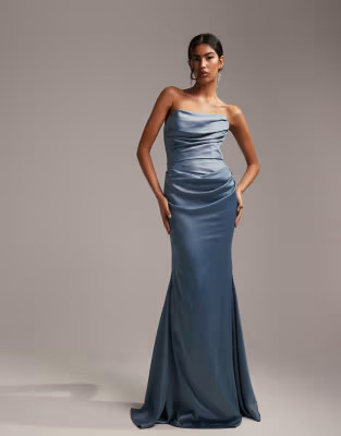 ASOS DESIGN satin bandeau bridesmaid maxi dress in dusky blue | ASOS (Global)