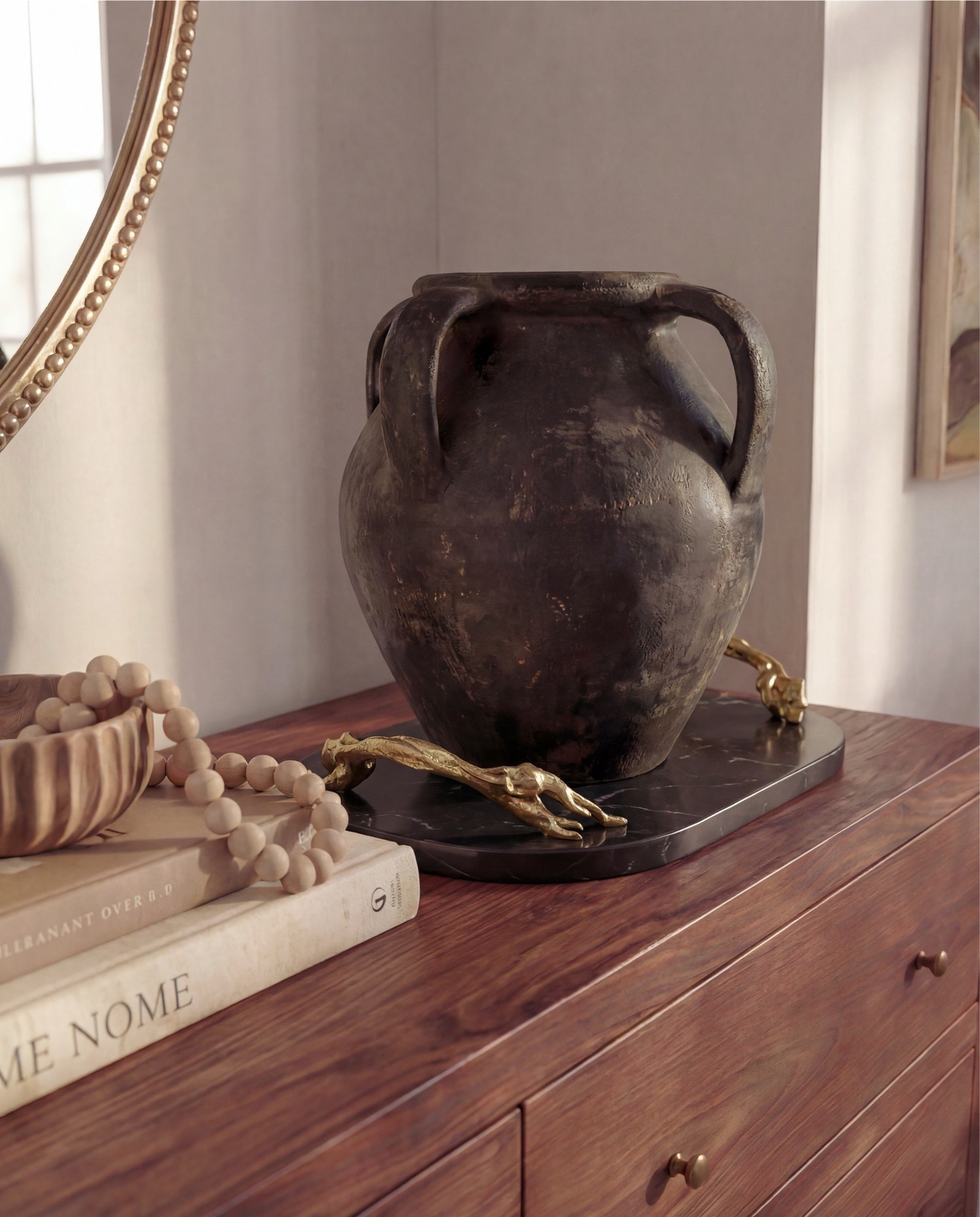 Shop the Look:• Wood platform bed frame with upholstered inset• White cotton duvet cover + layered neutral pillows• Terracotta patterned accent pillows• Chunky knit throw blanket (warm rust tone)• Neutral vintage-style area rug (beige and brown tones)• Upholstered bench with leather strap detail• Wood nightstands with brass hardware• Ceramic table lamps with linen shades• Brass chandelier with globe shades• Round gold-frame wall mirrors• Framed equestrian artwork set• Mid-century style wood dresser• Upholstered accent chair with wood arms• Round black fluted side table• Abstract neutral wall art with brass picture light• Large ceramic decorative vases

#LTKSaleAlert #LTKHome