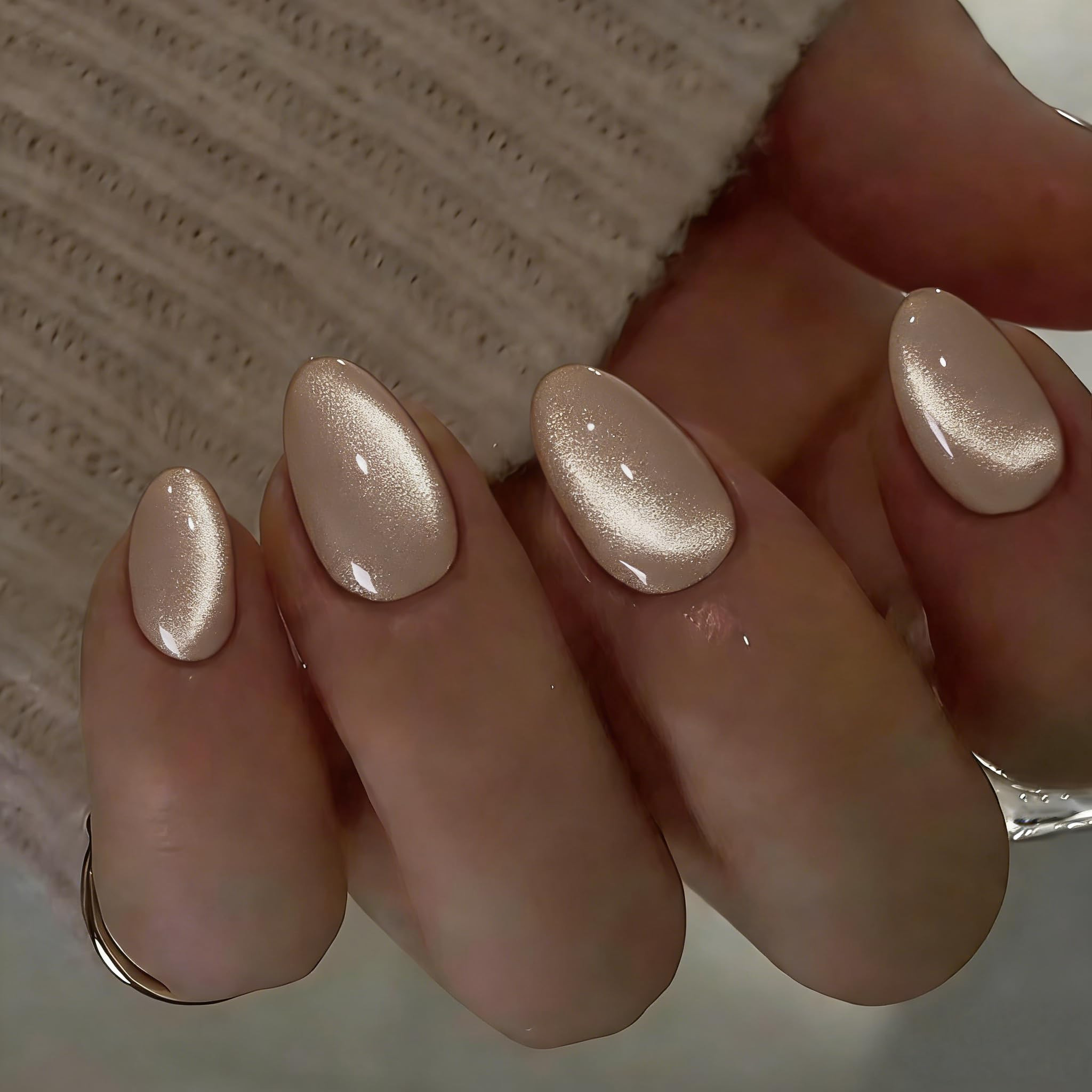 Cat Eye Press on Nails Short - Beige Nude Press On Nails Oval, Glazed Almond Fake Nails with Glit... | Amazon (US)